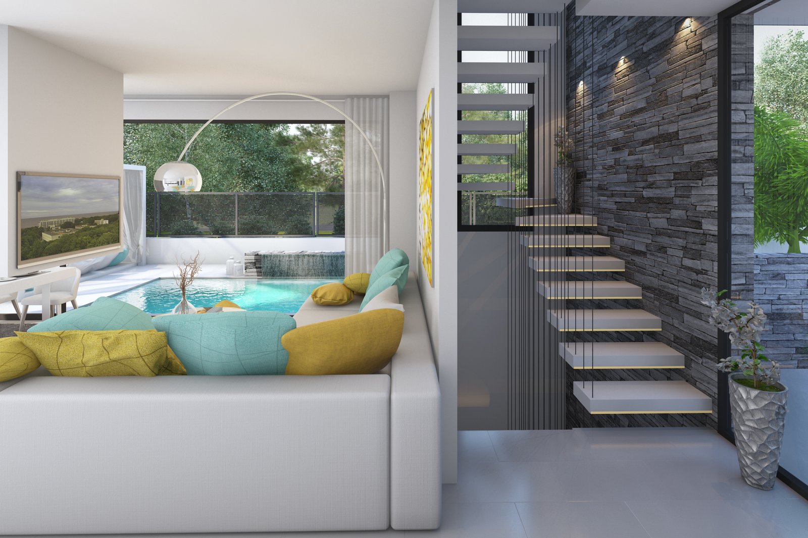 Open plan living with pool views