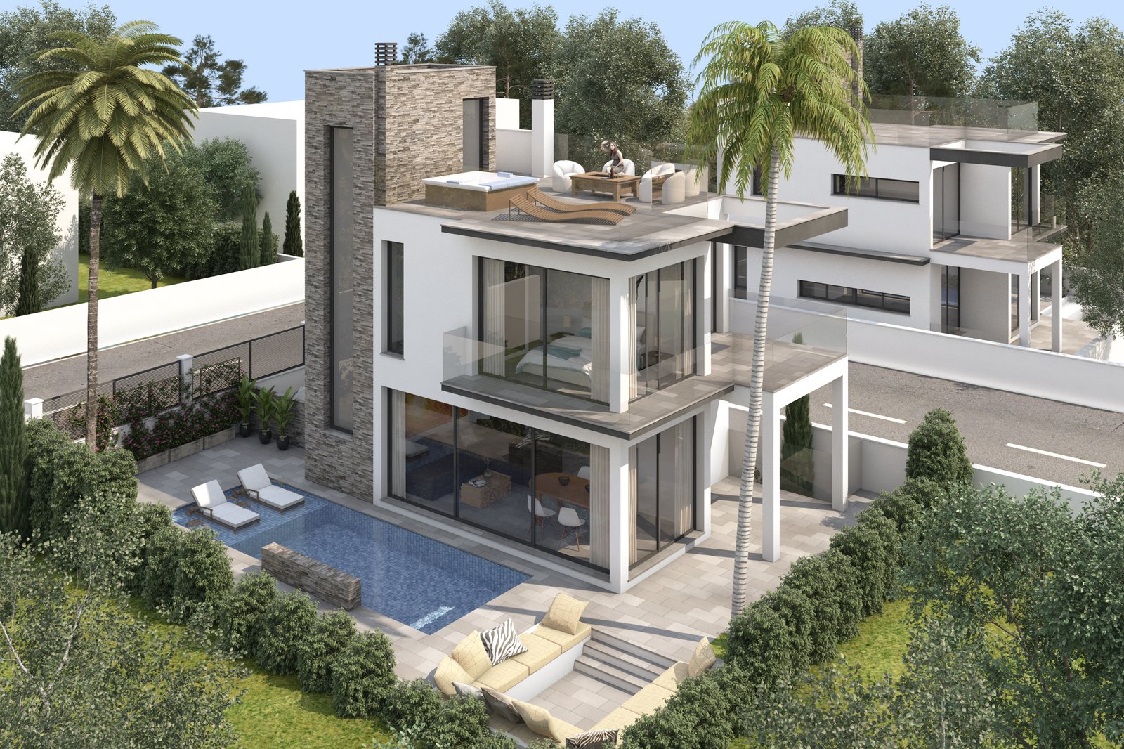 Villa A — aerial view with private pool